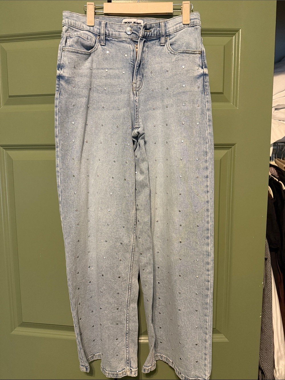 DKNY Light Blue Rhinestone Wide-Leg Jeans